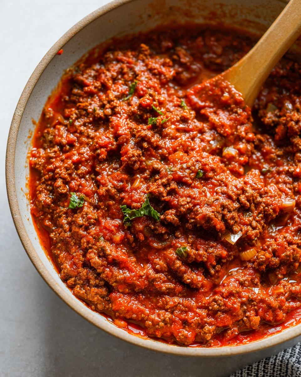Close-up of rich, thick Easy Weeknight Meat Sauce (Ground Beef Marinara) with ground beef and tomato sauce in a bowl with a wooden spoon.