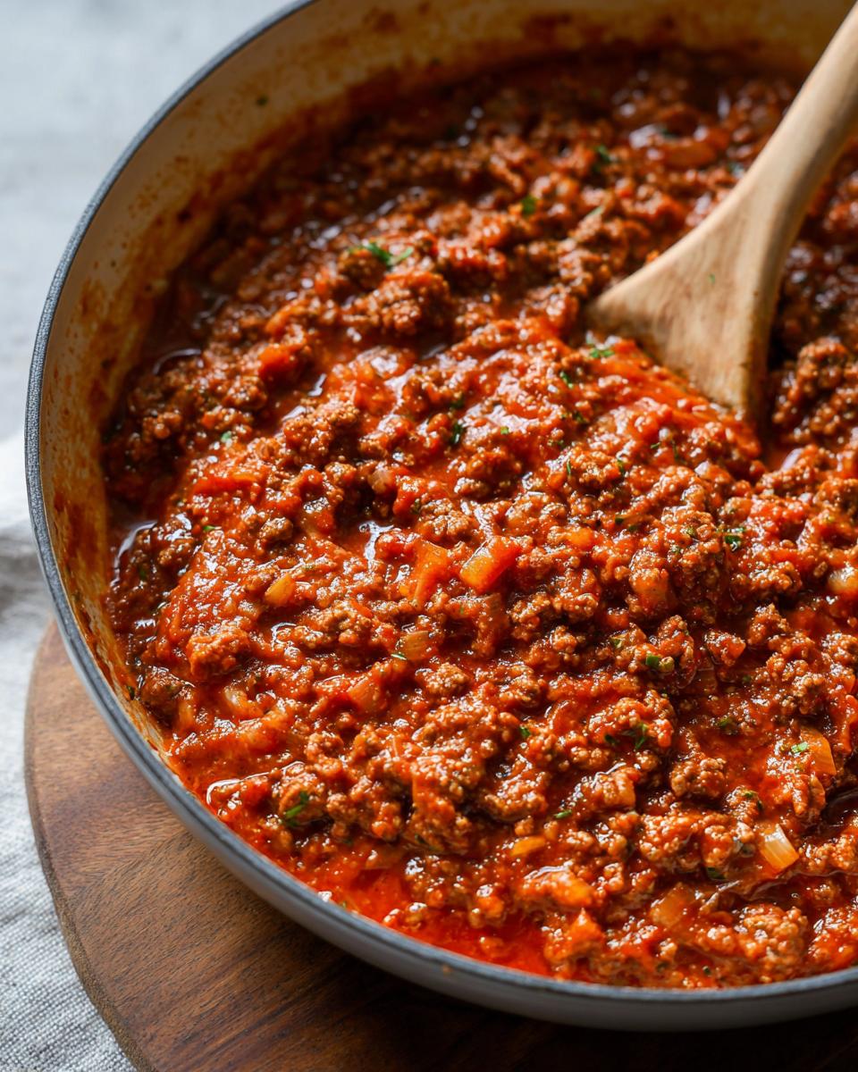 Close-up of rich Easy Weeknight Meat Sauce (Ground Beef Marinara) simmering in a cast iron skillet with a wooden spoon.