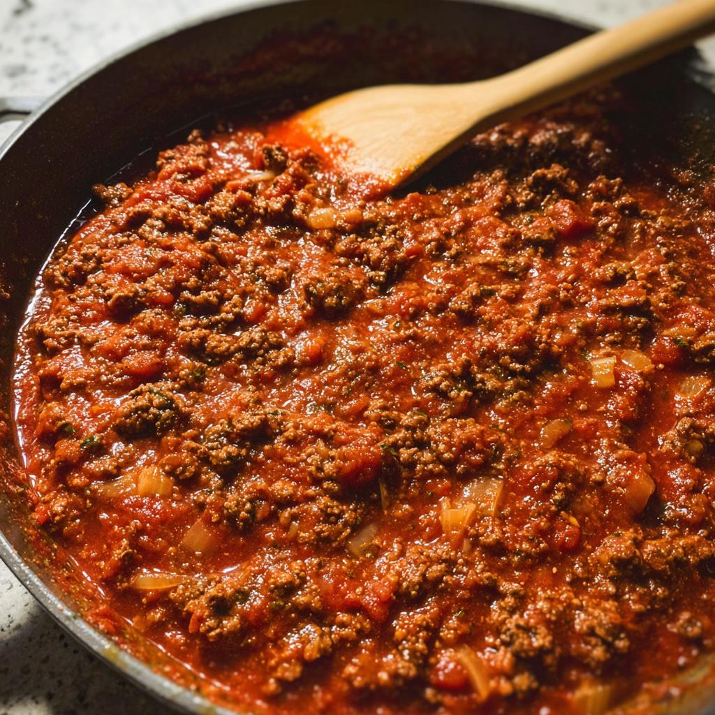 Close-up of rich, thick Easy Weeknight Meat Sauce (Ground Beef Marinara) simmering in a skillet with a wooden spoon.