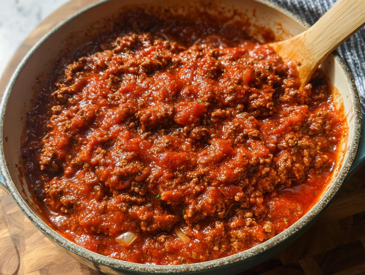 Close-up of rich, thick Easy Weeknight Meat Sauce (Ground Beef Marinara) simmering in a skillet with a wooden spoon.