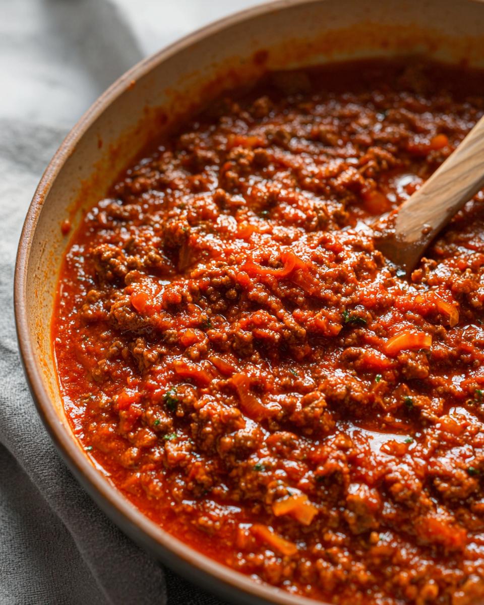 Close-up of rich, thick Easy Weeknight Meat Sauce (Ground Beef Marinara) simmering in a skillet with a wooden spoon.