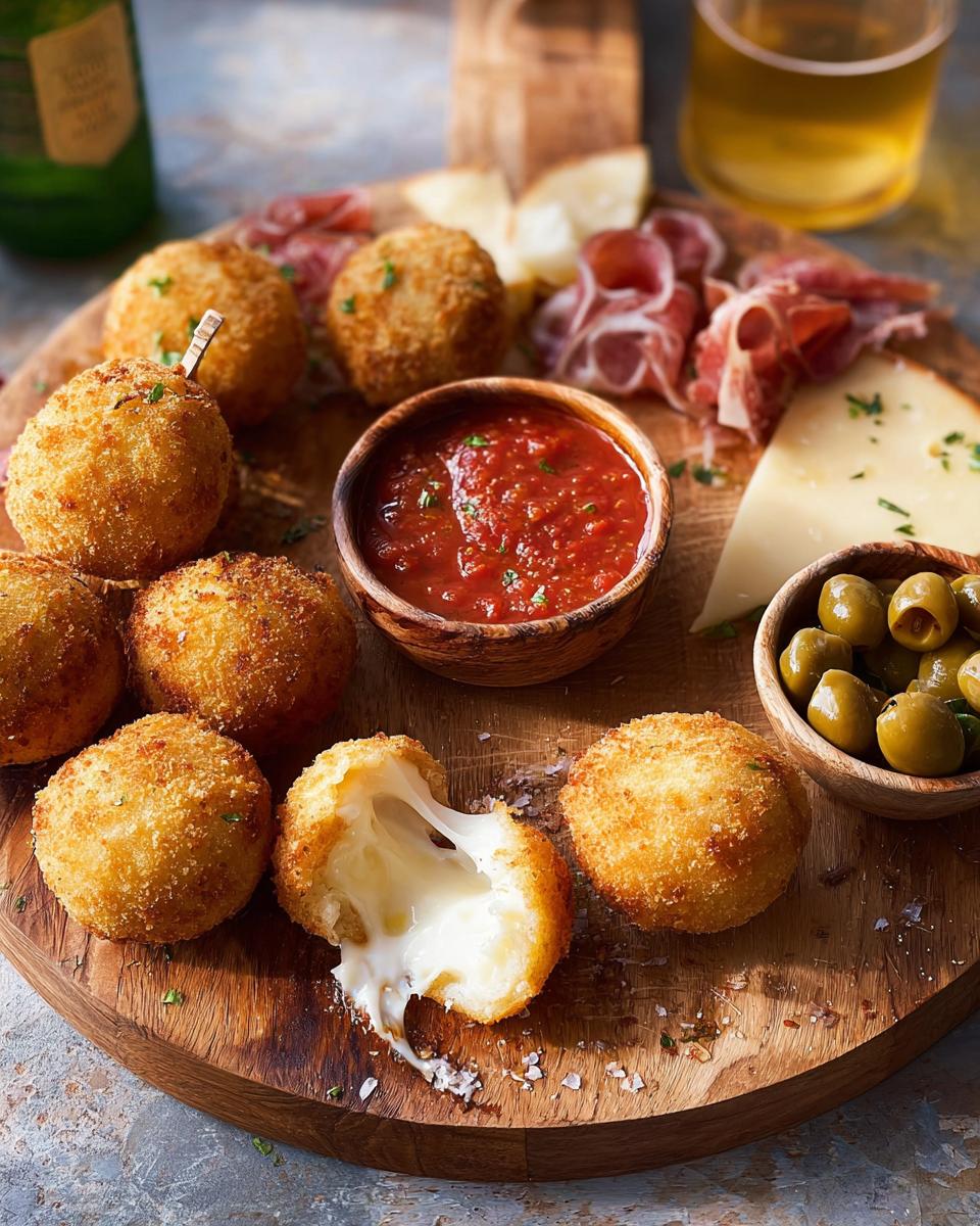 Fried mozzarella balls (arancini style) served with marinara sauce, cheese, and olives as an elegant appetizer for New Year’s Eve Dinner Menu.
