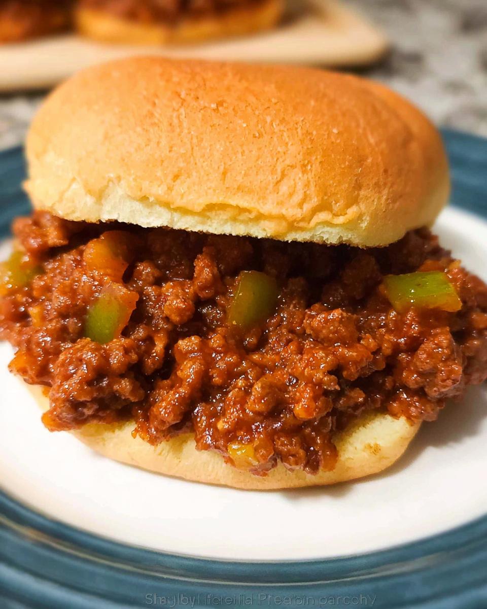 A close-up view of a delicious Sloppy Joes sandwich filled with saucy ground meat and green peppers on a soft bun.