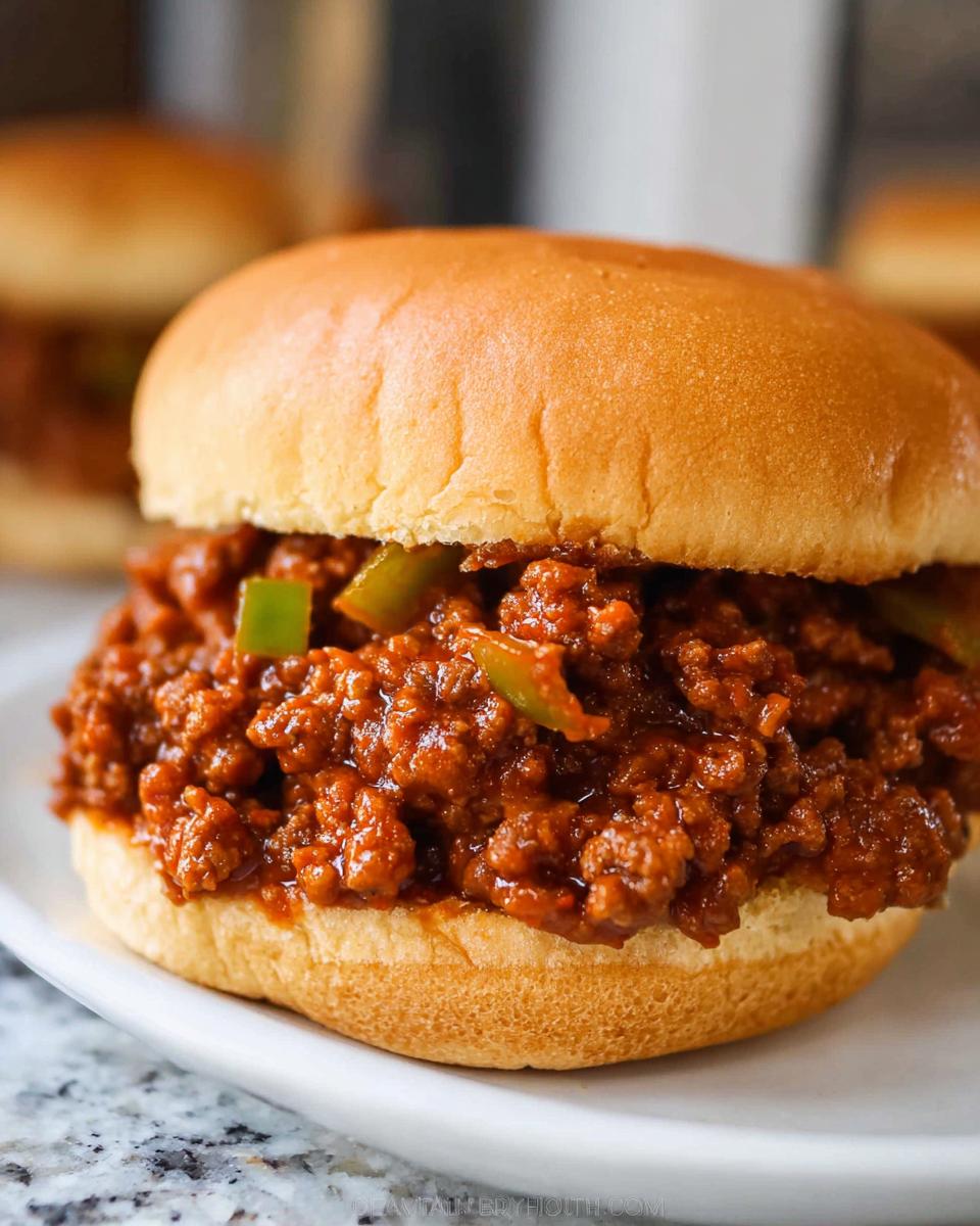 A close-up of a delicious, saucy Sloppy Joes sandwich served on a soft bun with visible green peppers.