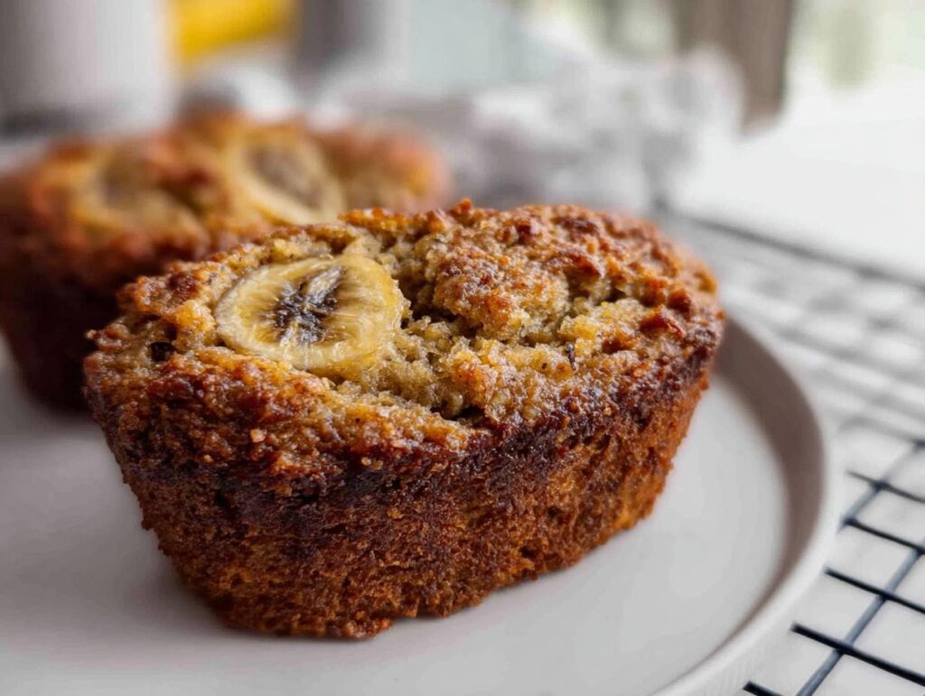 Close-up of a perfectly baked Banana Bread Minis with a caramelized banana slice on top, resting on a white plate.