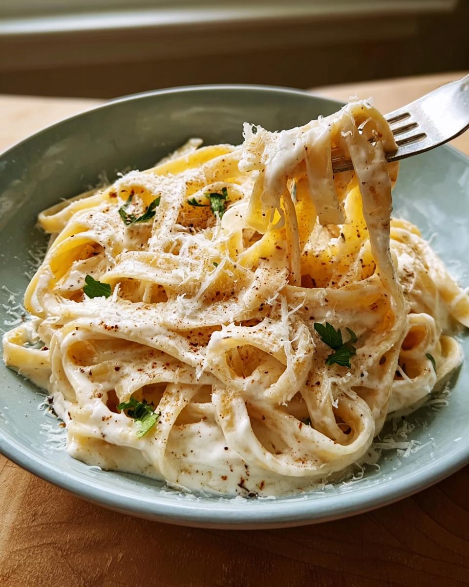 A fork lifting fettuccine coated in creamy sauce from a bowl, showcasing the Best Alfredo Sauce Recipe Ever, topped with Parmesan.