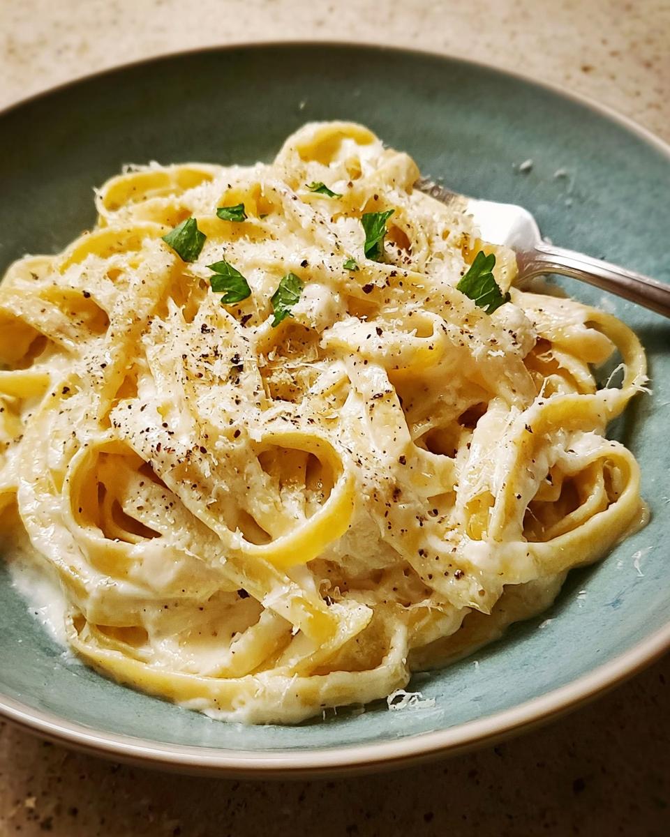 Close-up of fettuccine pasta coated in creamy sauce, topped with grated cheese and pepper, made with the Best Alfredo Sauce Recipe Ever.