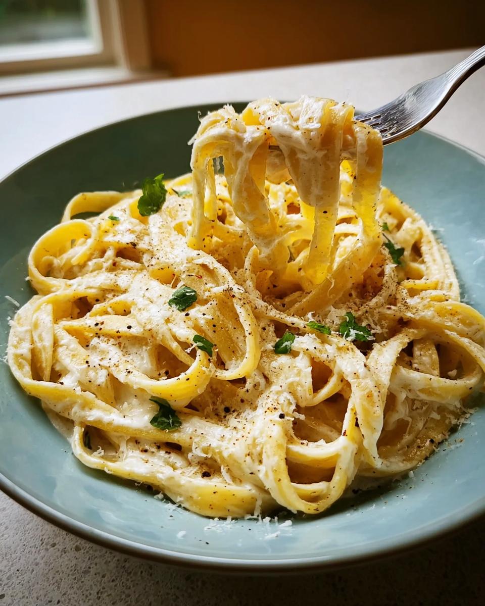Close-up of fettuccine noodles coated in creamy Best Alfredo Sauce Recipe Ever, being lifted by a fork.