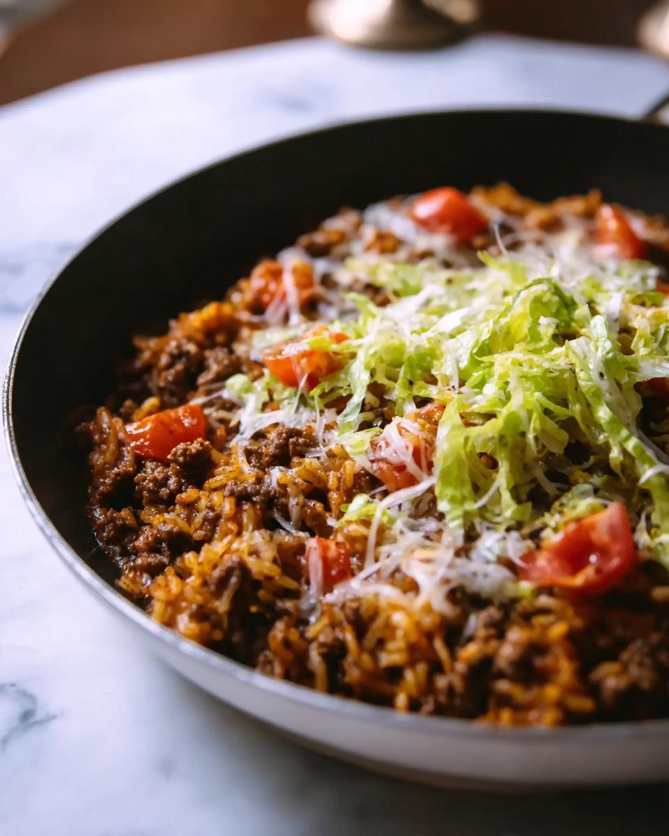 Close-up of a finished Taco Skillet in a dark pan, topped with shredded lettuce, tomatoes, and cheese.