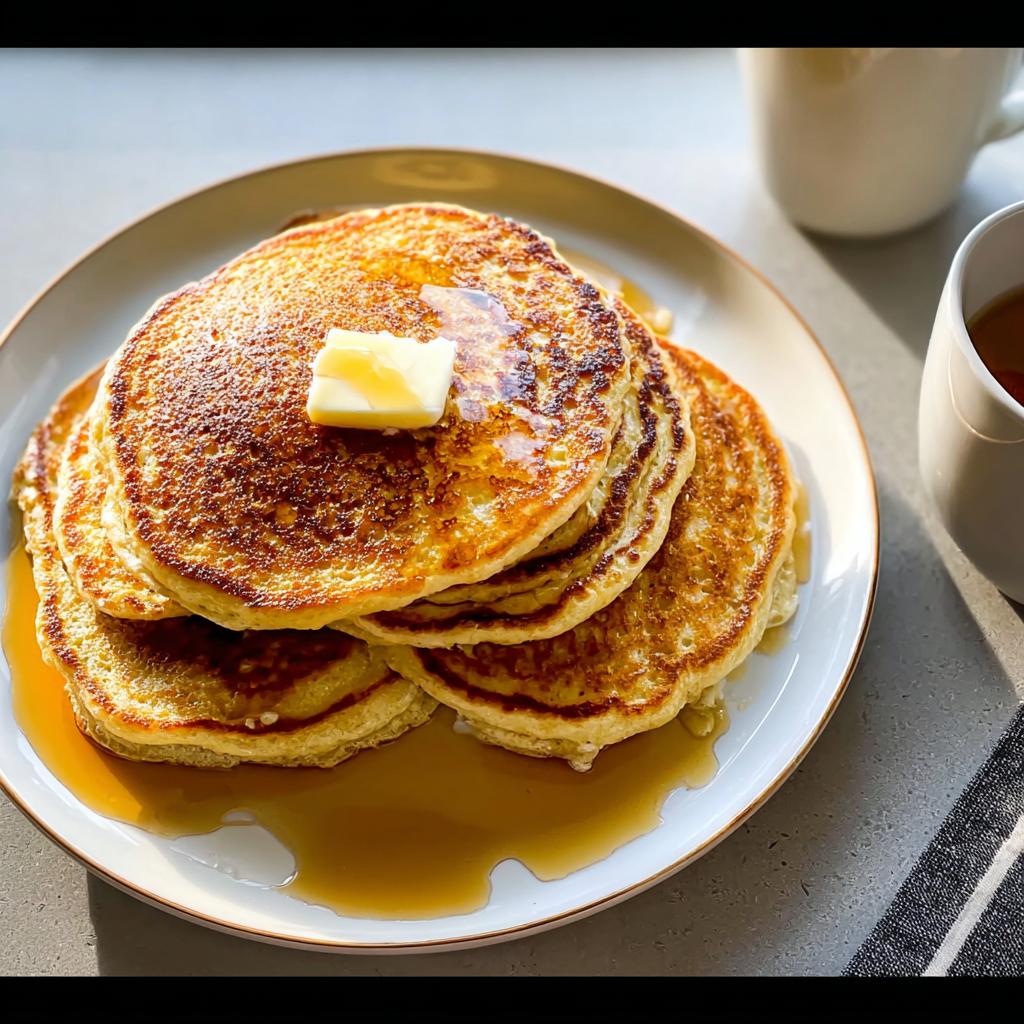A delicious stack of Fluffy Buttermilk Pancakes topped with melting butter and syrup.
