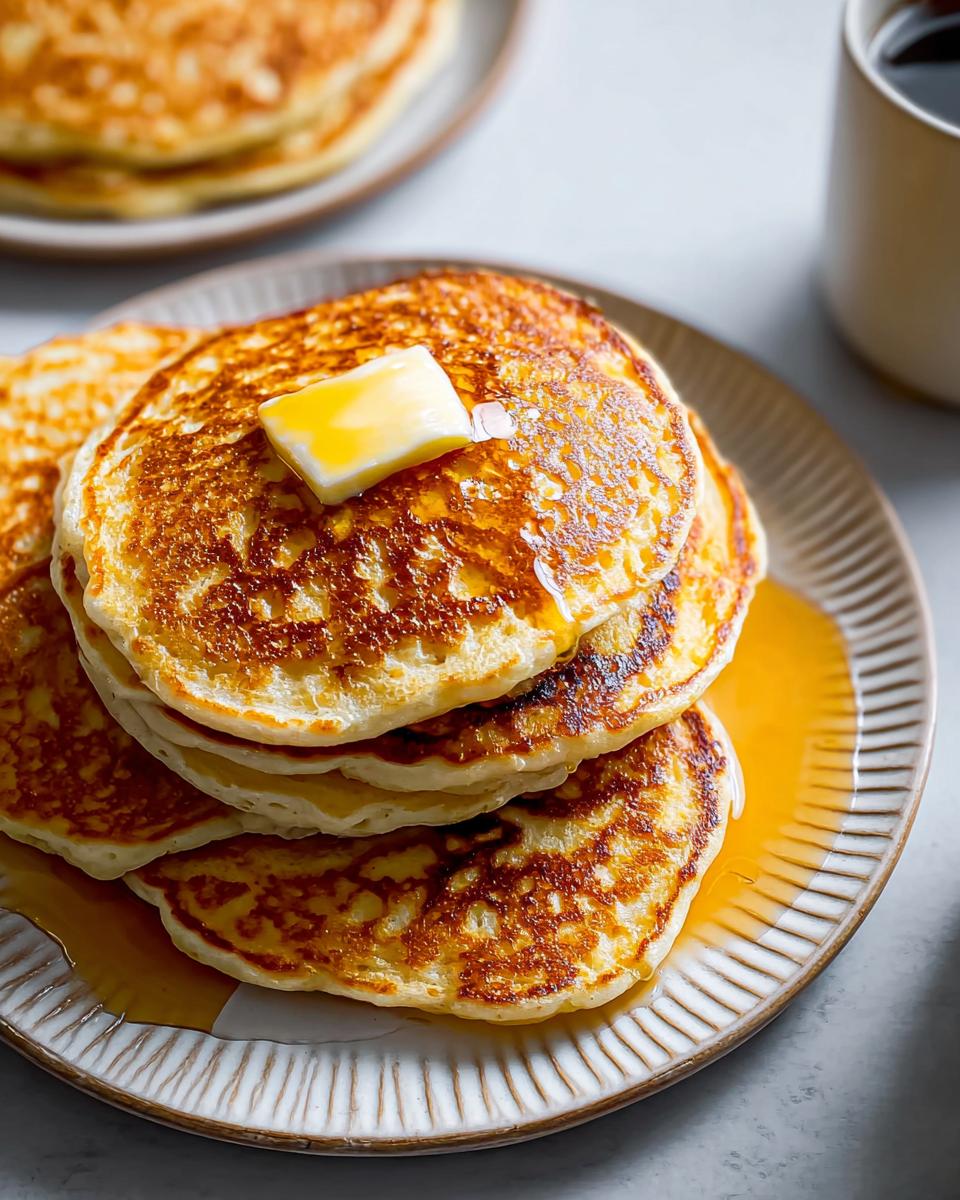 A tall stack of golden brown Fluffy Buttermilk Pancakes topped with melting butter and syrup.