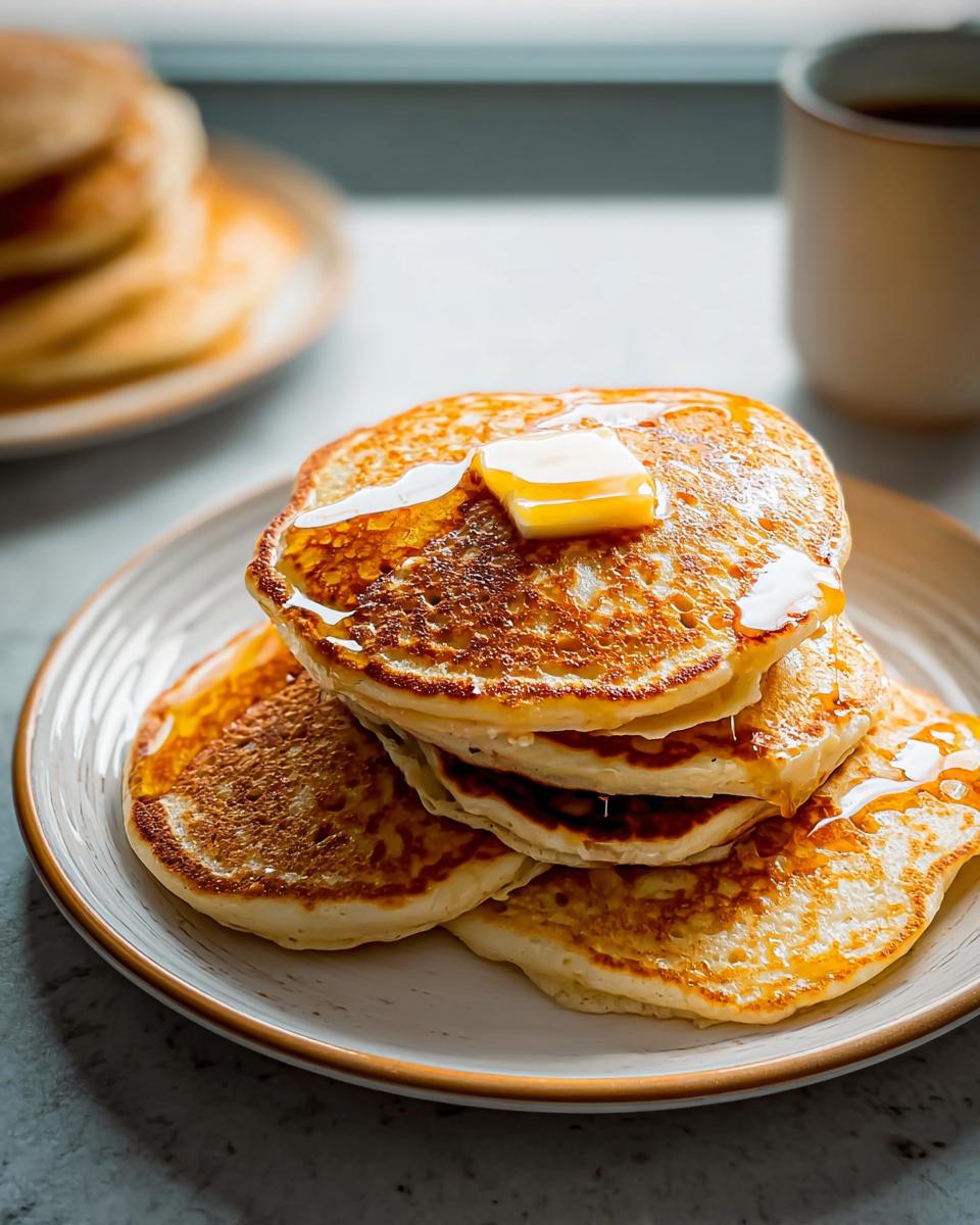 A tall stack of Fluffy Buttermilk Pancakes topped with melting butter and drizzled with syrup.