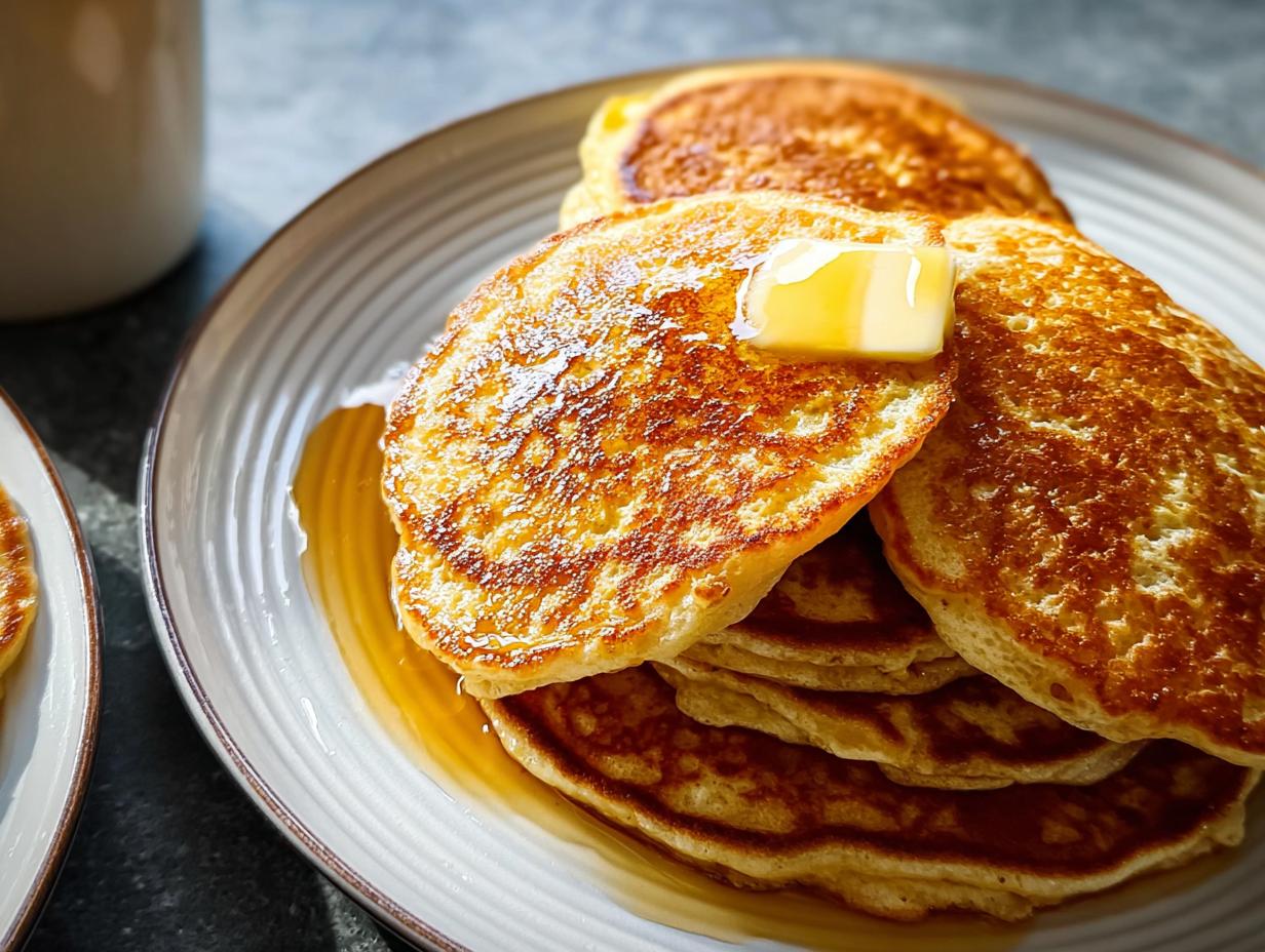 A close-up of a tall stack of golden brown Fluffy Buttermilk Pancakes topped with melting butter and syrup.