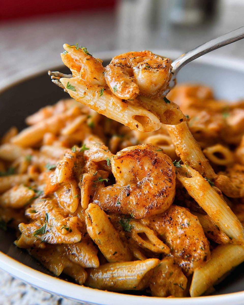 A fork lifts penne pasta and seasoned shrimp coated in creamy sauce from a bowl of Cajun Shrimp Pasta Recipe.