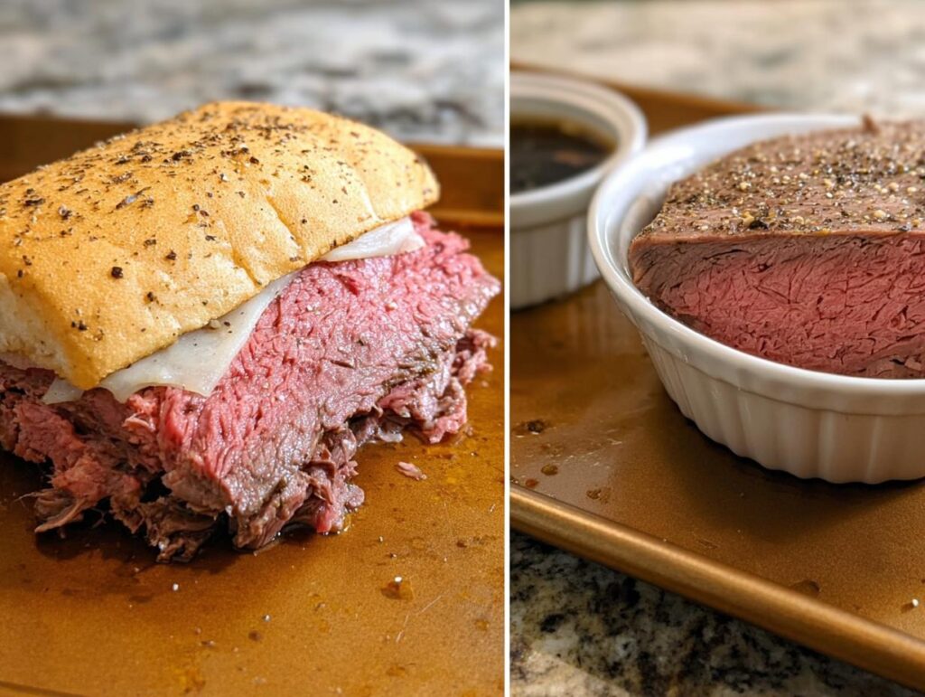 A split image showing a French Dip sandwich and a bowl of perfectly cooked roast beef next to a small dish of Au Jus.