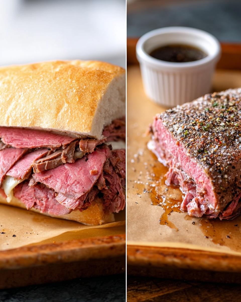 Split image showing a French Dip sandwich and seasoned roast beef next to a small cup of delicious Au Jus.