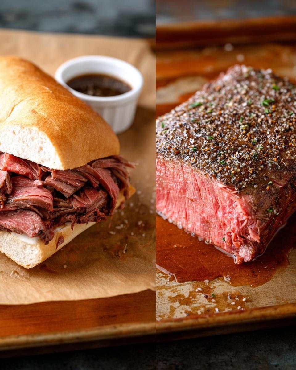 Split image showing a French Dip sandwich next to a perfectly cooked roast beef ready for making delicious Au Jus.