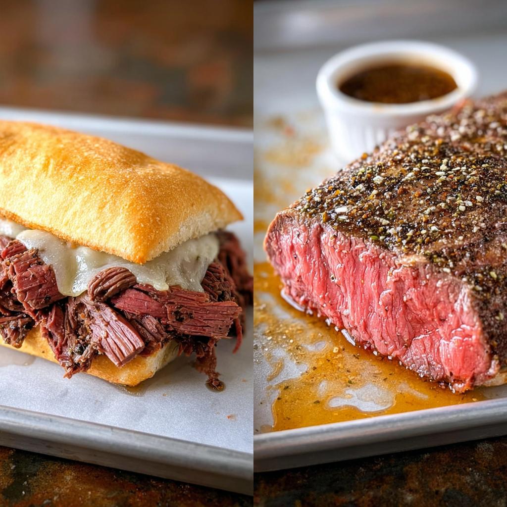 Split image showing a French Dip sandwich and a perfectly cooked roast beef with a side of delicious Au Jus.