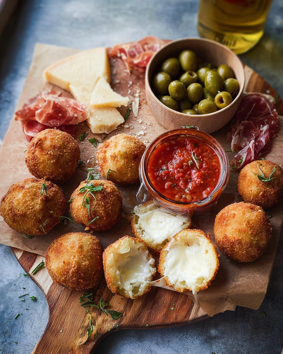 Golden fried mozzarella balls served with marinara sauce, olives, and cheese, perfect for a New Year’s Eve Dinner Menu.