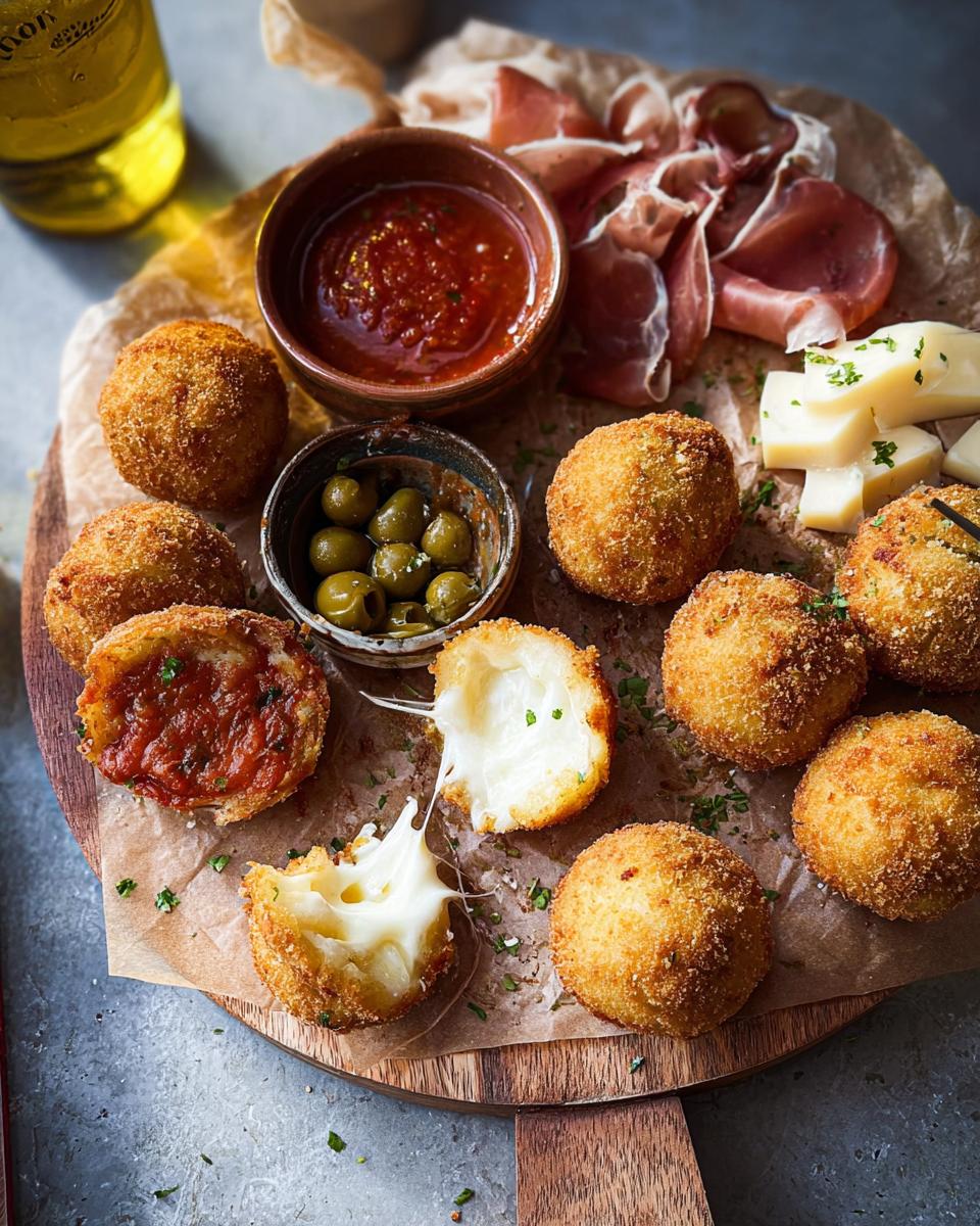 Appetizer platter featuring fried mozzarella balls with a cheese pull, prosciutto, olives, and dipping sauce for a New Year’s Eve Dinner Menu.
