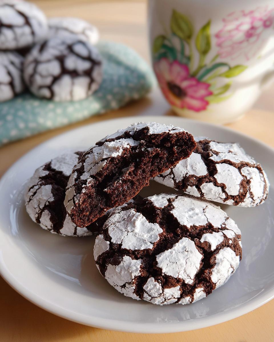 Close-up of fudgy Chocolate Crinkle Cookies dusted with powdered sugar on a white plate.