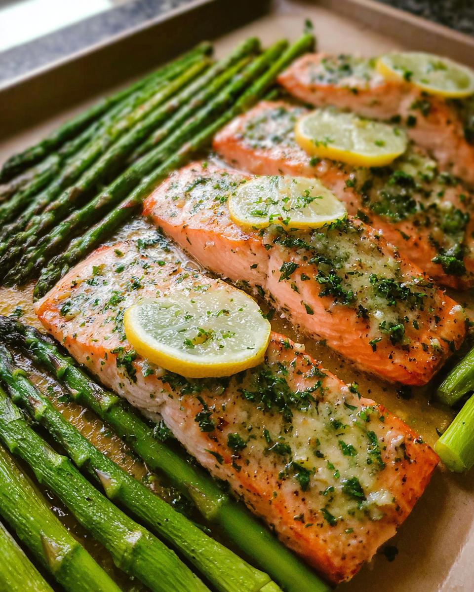 Four fillets of Garlic Butter Salmon & Asparagus baked on a sheet pan, topped with lemon slices and herbs.