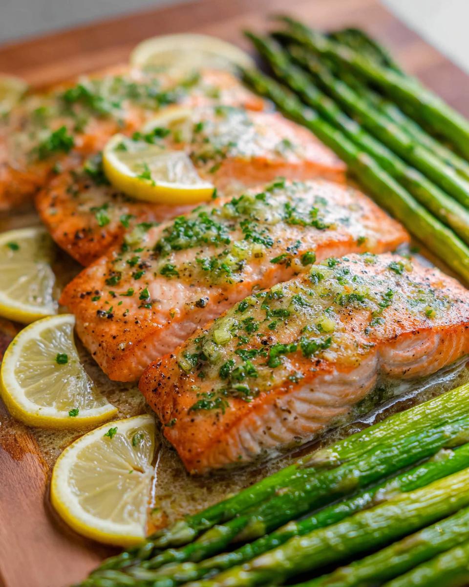 Close-up of perfectly cooked Garlic Butter Salmon & Asparagus drizzled with herb butter and garnished with lemon slices.