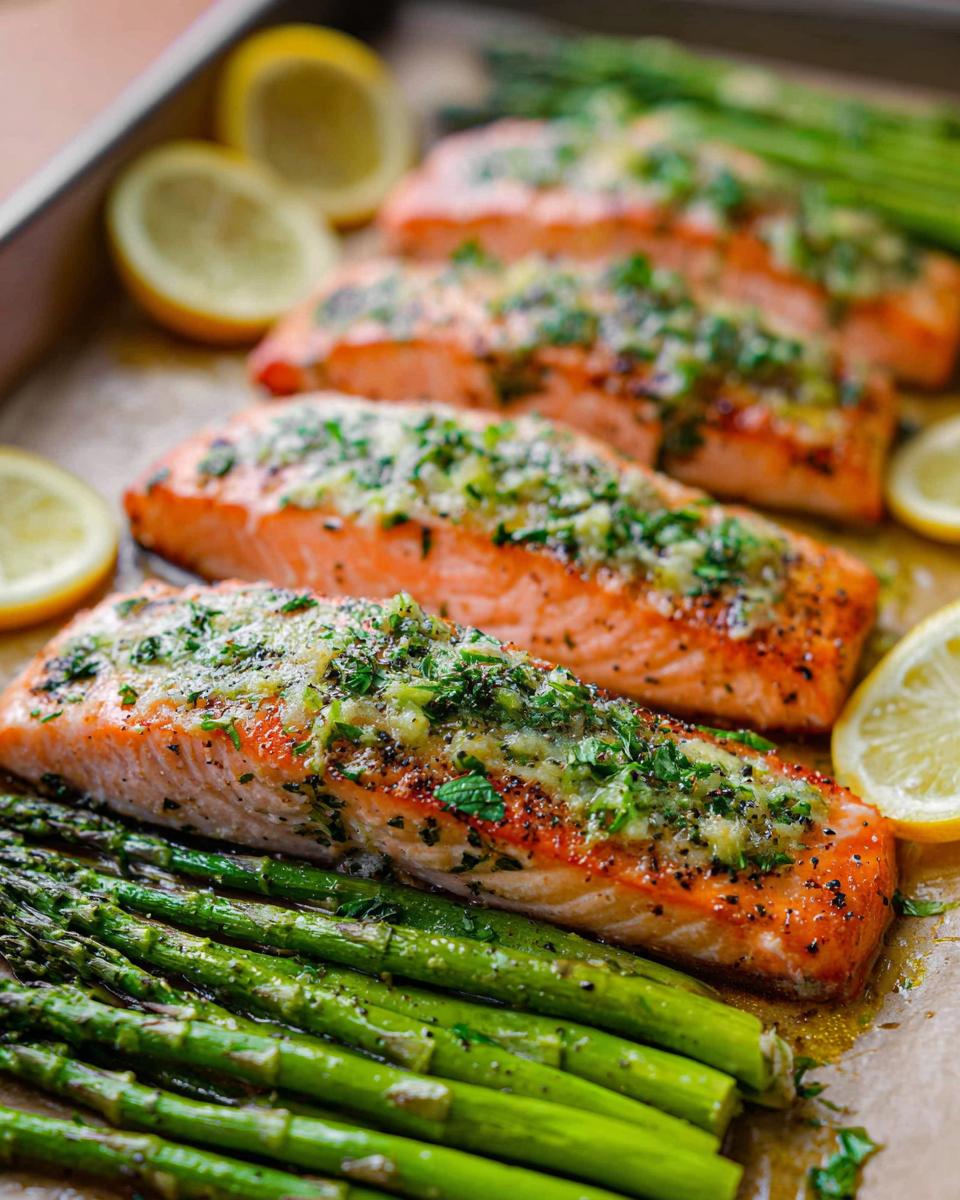 Four fillets of baked Garlic Butter Salmon & Asparagus topped with herbs, resting on a baking sheet with lemon slices.