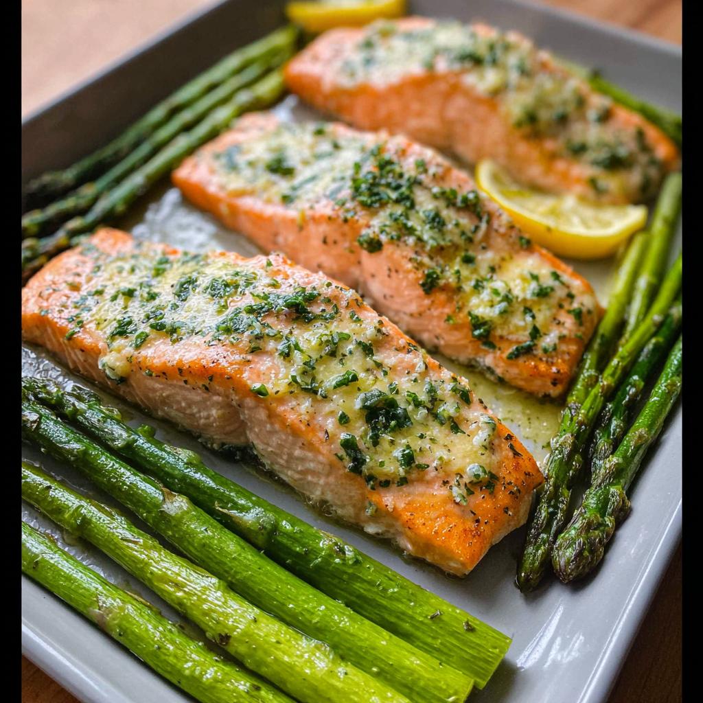 Three fillets of Garlic Butter Salmon & Asparagus topped with melted butter and herbs on a baking tray.