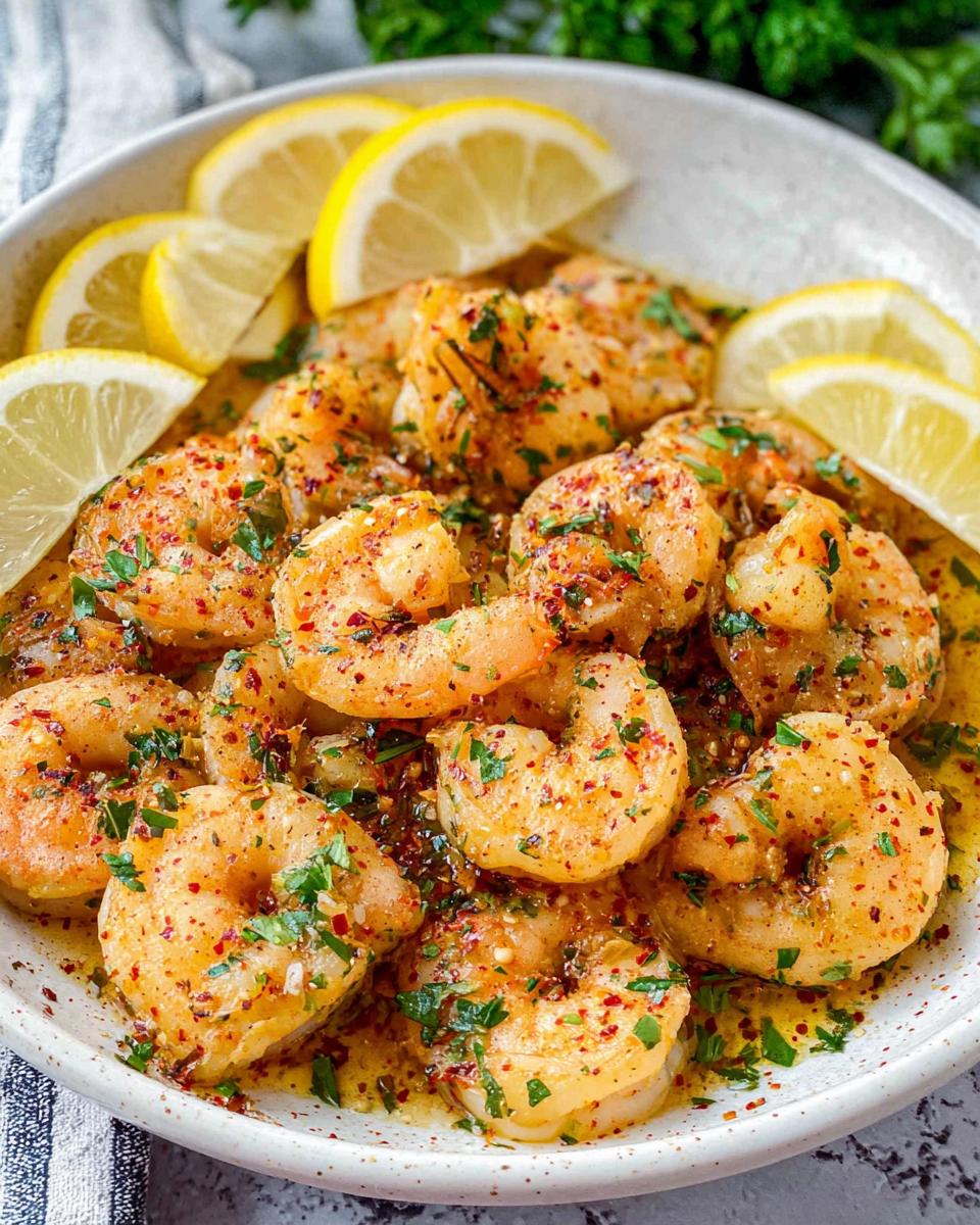 A close-up of juicy Garlic Butter Shrimp coated in butter sauce, spices, and parsley, garnished with fresh lemon wedges.