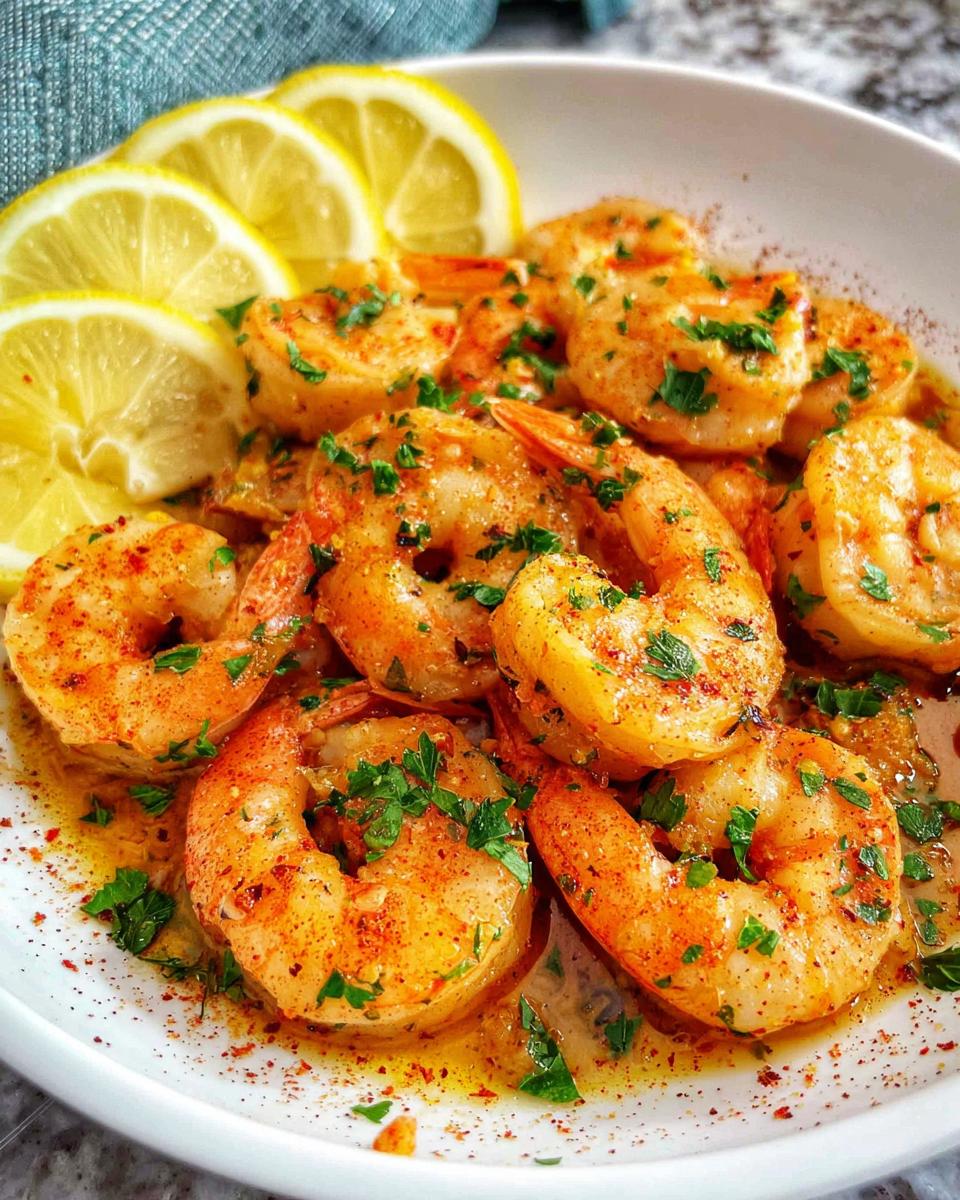 A close-up of juicy Garlic Butter Shrimp coated in spices and parsley, served with fresh lemon slices.