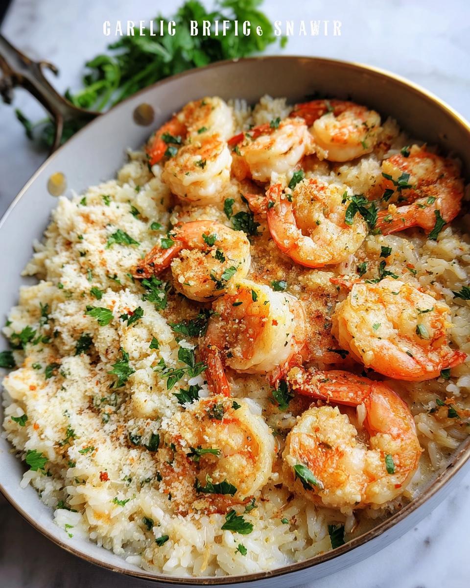 A close-up of a Garlic Butter Shrimp Rice Bowl, featuring plump shrimp and fluffy rice, garnished with parsley and breadcrumbs.