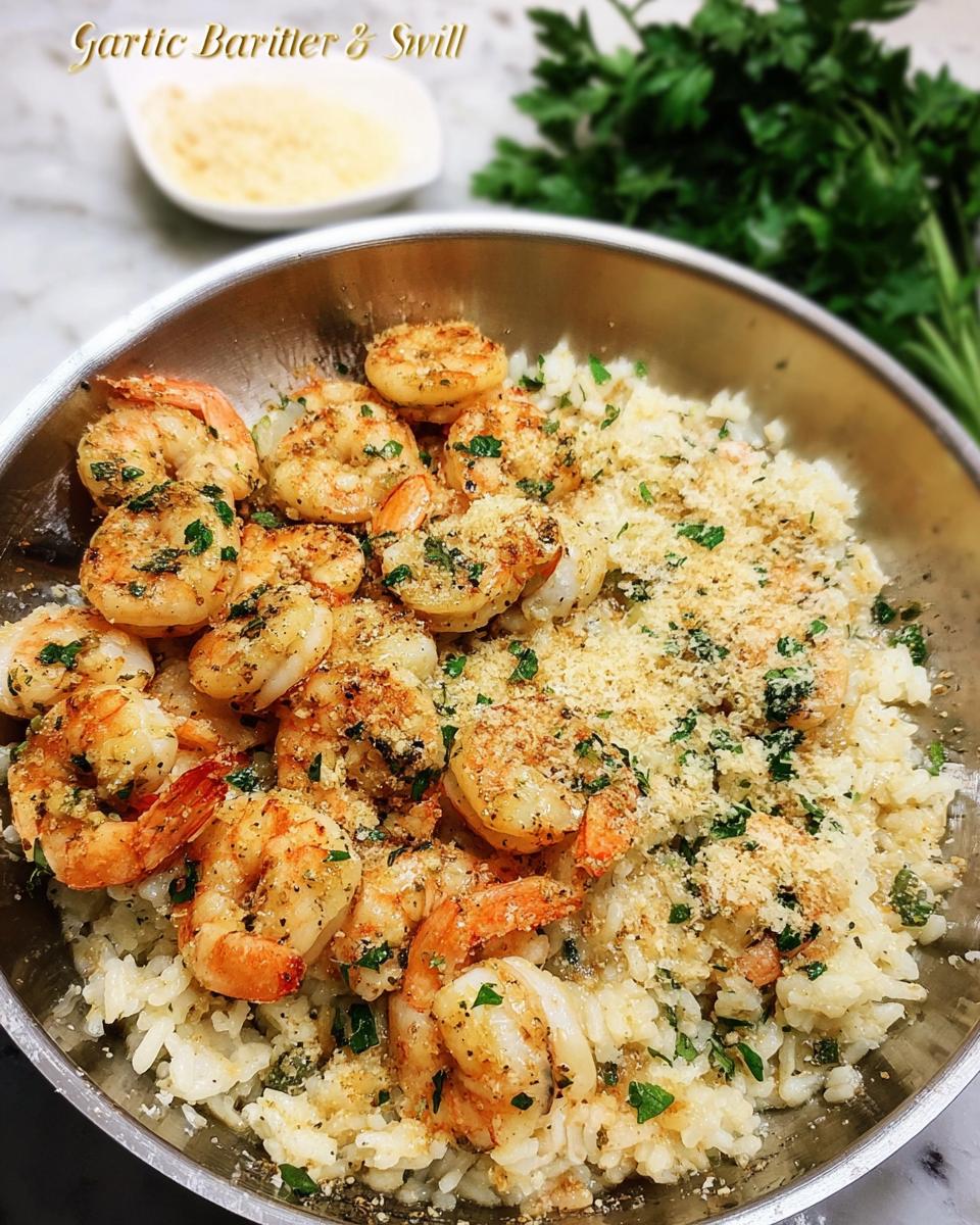 Close-up of a Garlic Butter Shrimp Rice Bowl, featuring plump shrimp and fluffy rice topped with breadcrumbs and parsley.