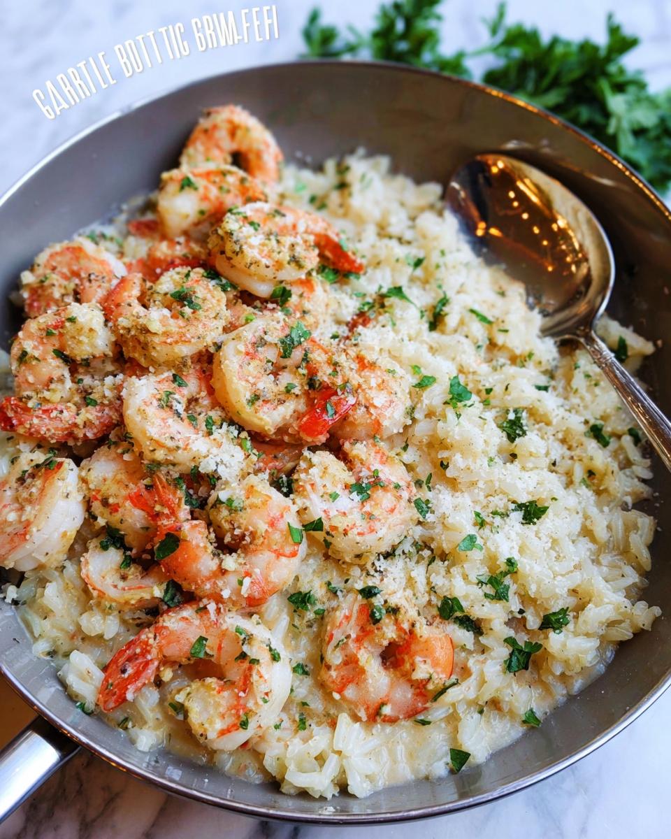 Close-up of a Garlic Butter Shrimp Rice Bowl with plump shrimp and creamy rice, garnished with parsley.