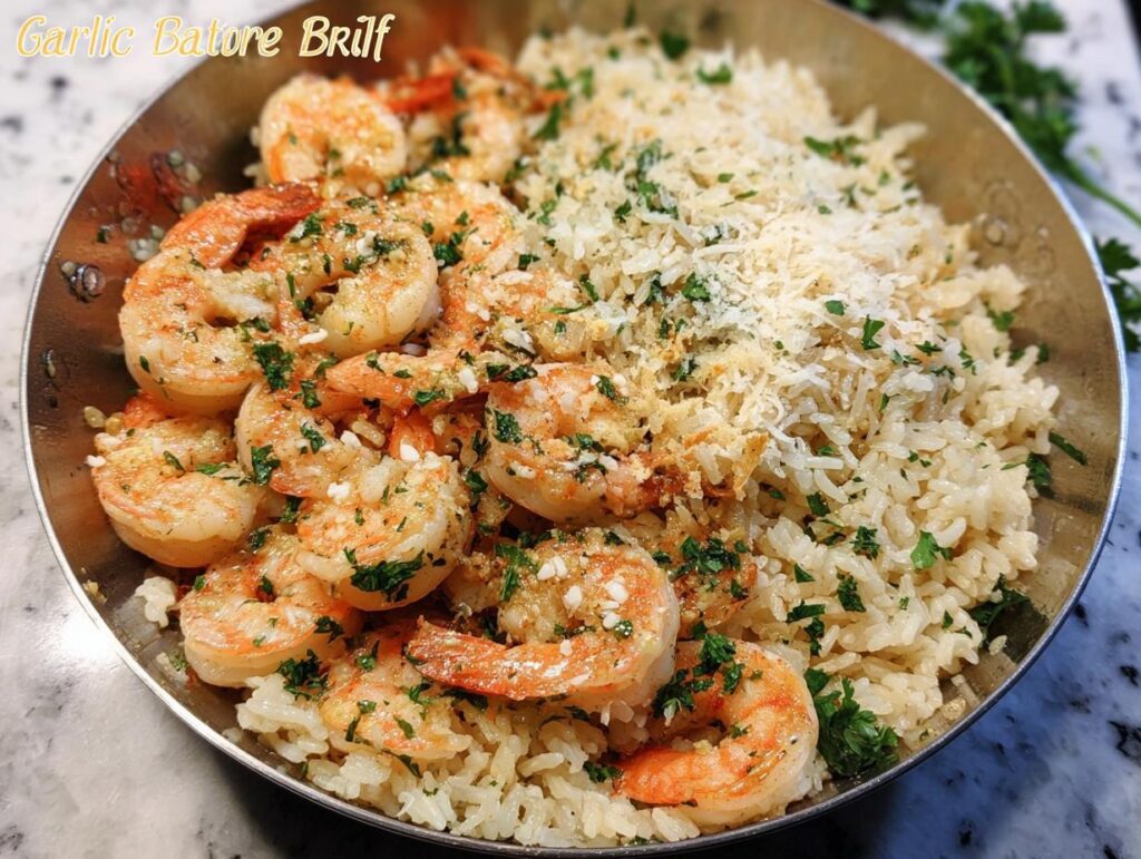 Close-up of a Garlic Butter Shrimp Rice Bowl featuring plump, seasoned shrimp and fluffy rice topped with parsley and cheese.