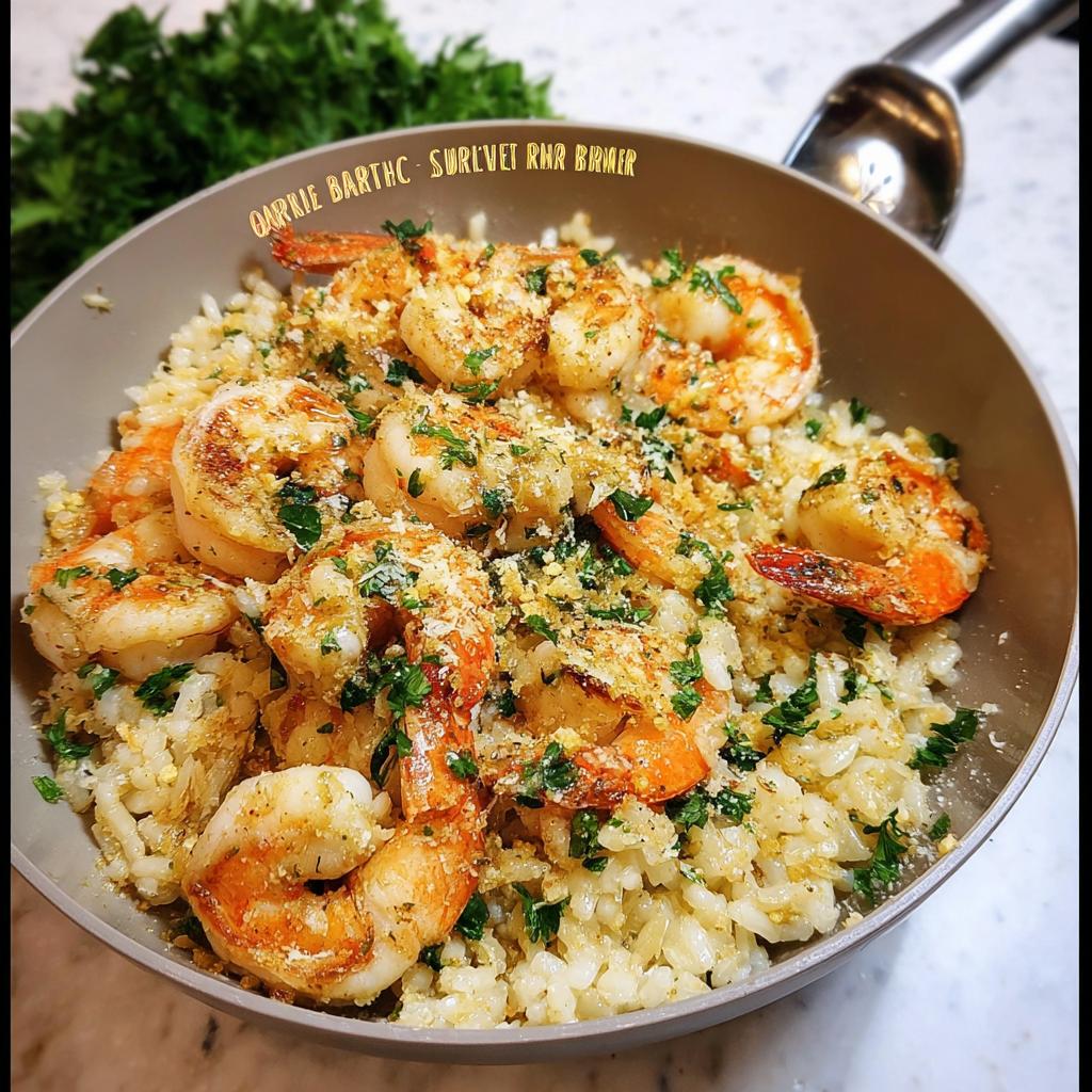 A close-up of a Garlic Butter Shrimp Rice Bowl, featuring plump shrimp over creamy rice, garnished with parsley and breadcrumbs.