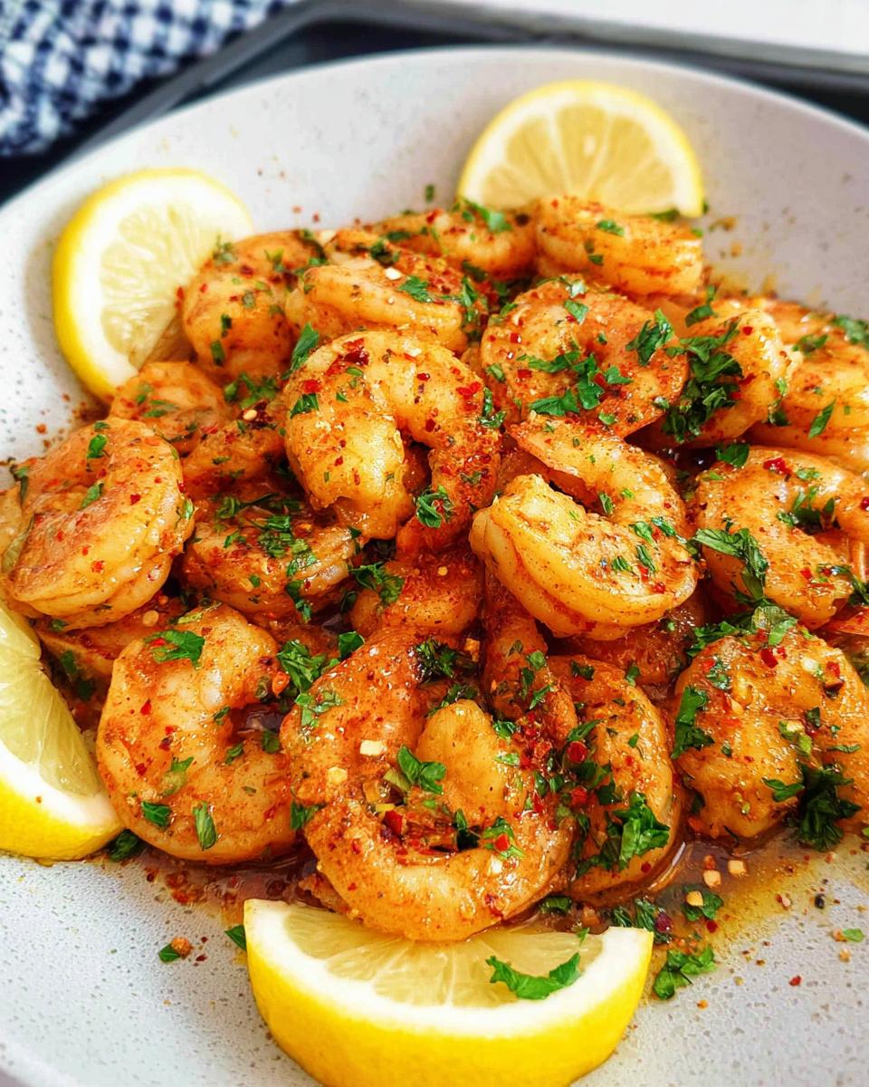 Close-up of seasoned Garlic Butter Shrimp served in a bowl, garnished with fresh parsley and lemon wedges.