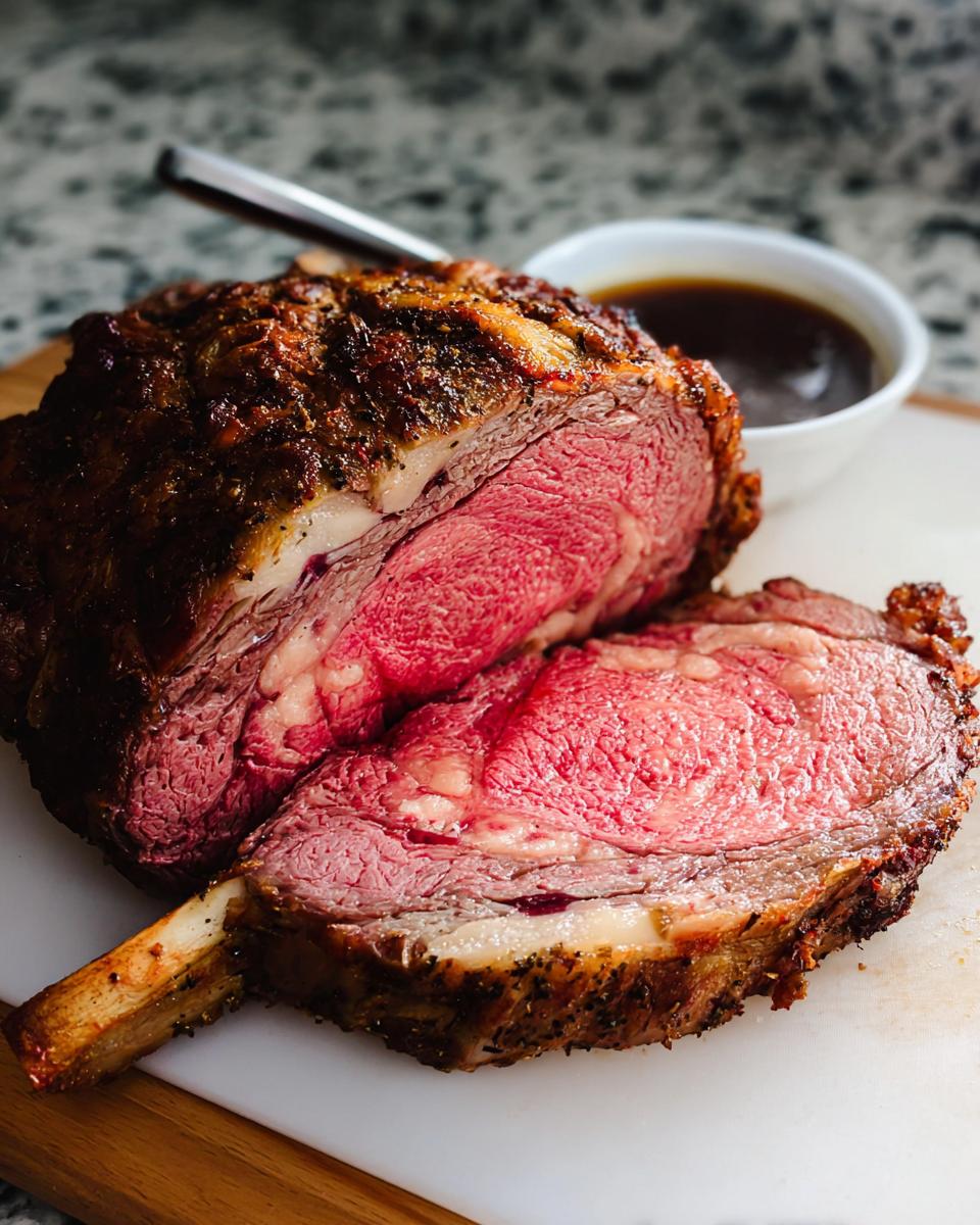 A cross-section of medium-rare Garlic-Herb Prime Rib with Au Jus, showing a deep red center and herb crust.