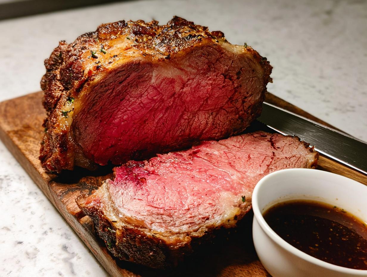 A perfectly cooked Garlic-Herb Prime Rib, sliced to reveal a medium-rare center, served with au jus on a wooden board.