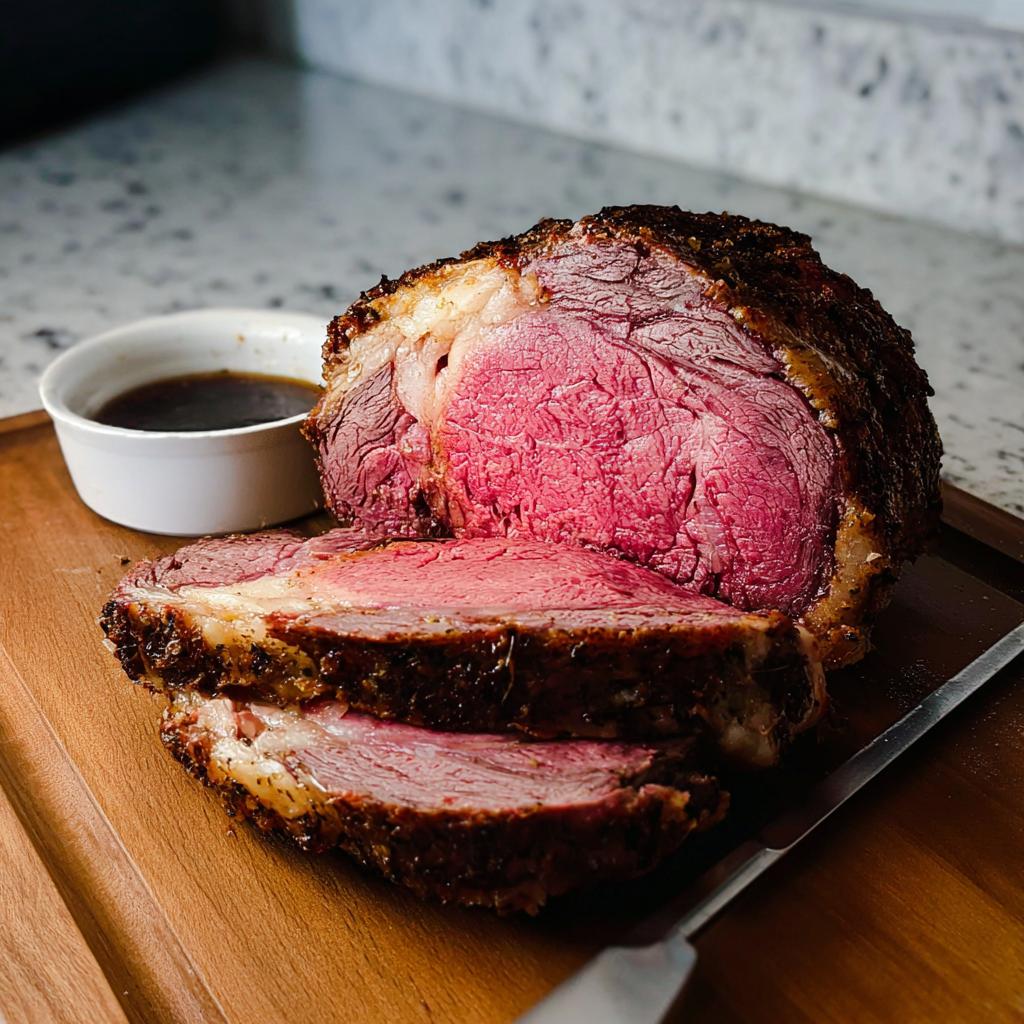 A beautifully roasted Garlic-Herb Prime Rib, sliced to show medium-rare interior, served with au jus.