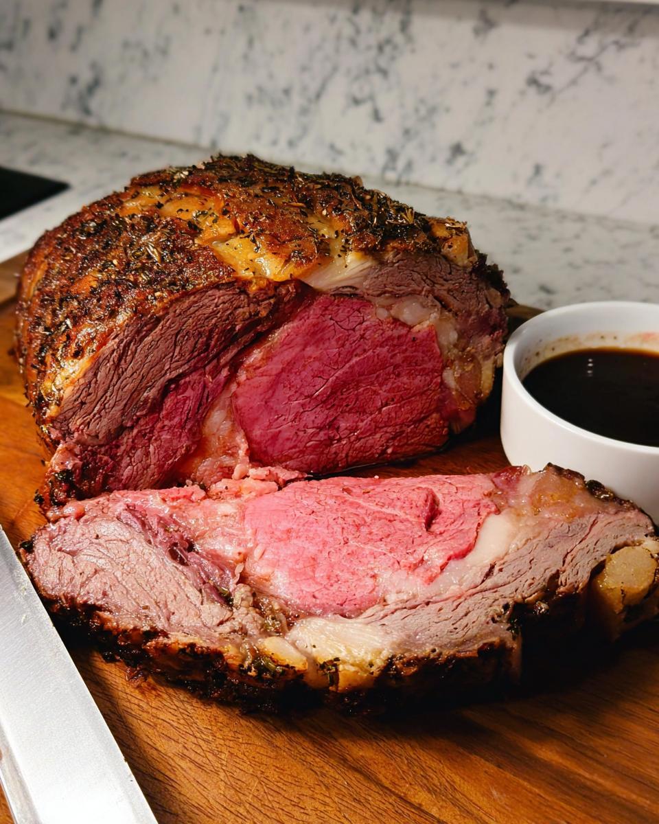 A perfectly cooked Garlic-Herb Prime Rib with a deep red, medium-rare center, resting on a cutting board next to au jus.