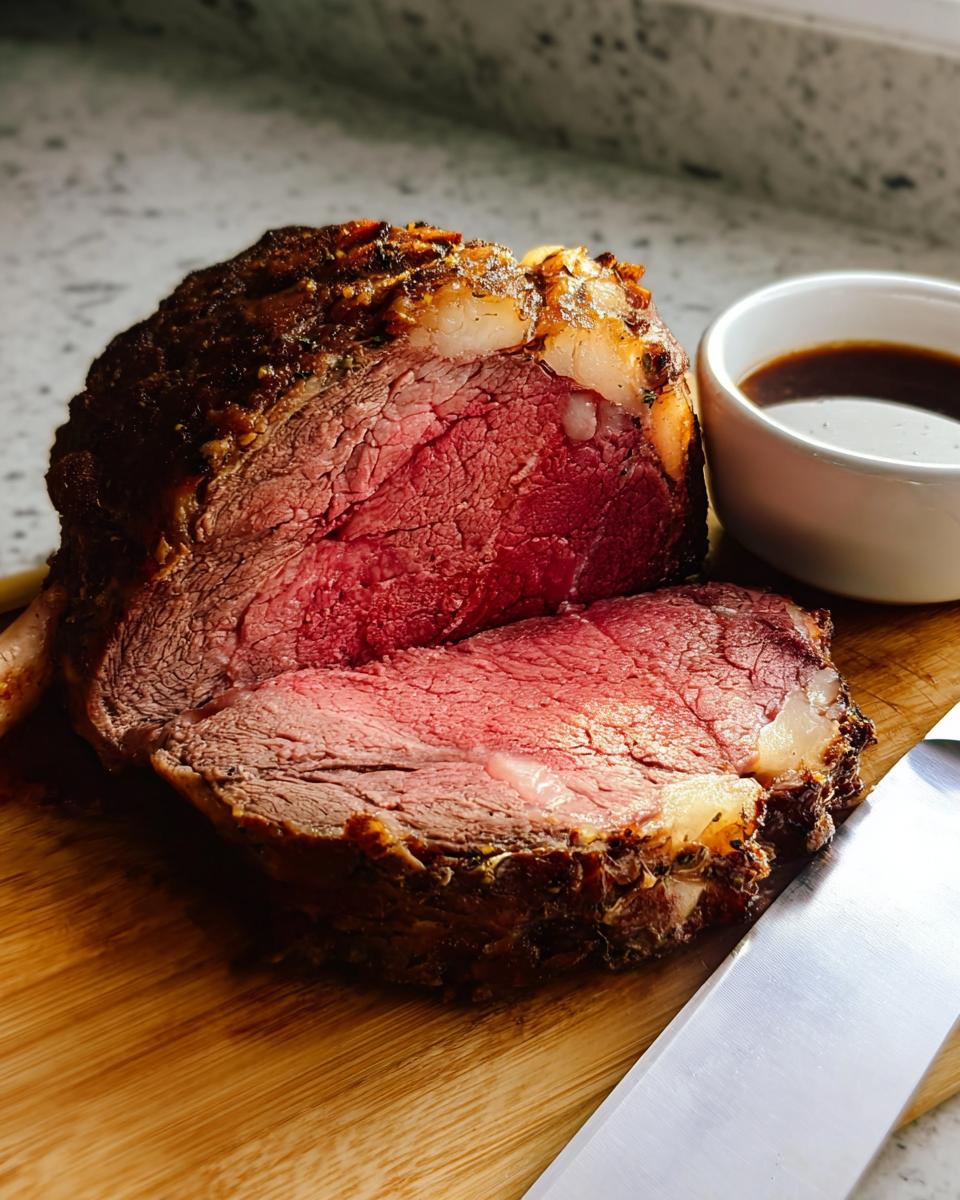 A thick slice of medium-rare Garlic-Herb Prime Rib with Au Jus resting on a wooden cutting board next to a small bowl of jus.