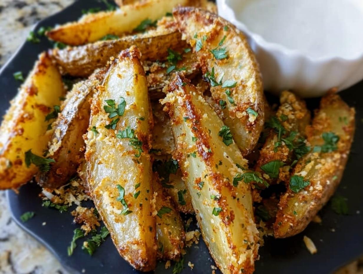 Close-up of crispy, golden Garlic Parmesan Potato Wedges sprinkled with fresh parsley and served with a white dipping sauce.