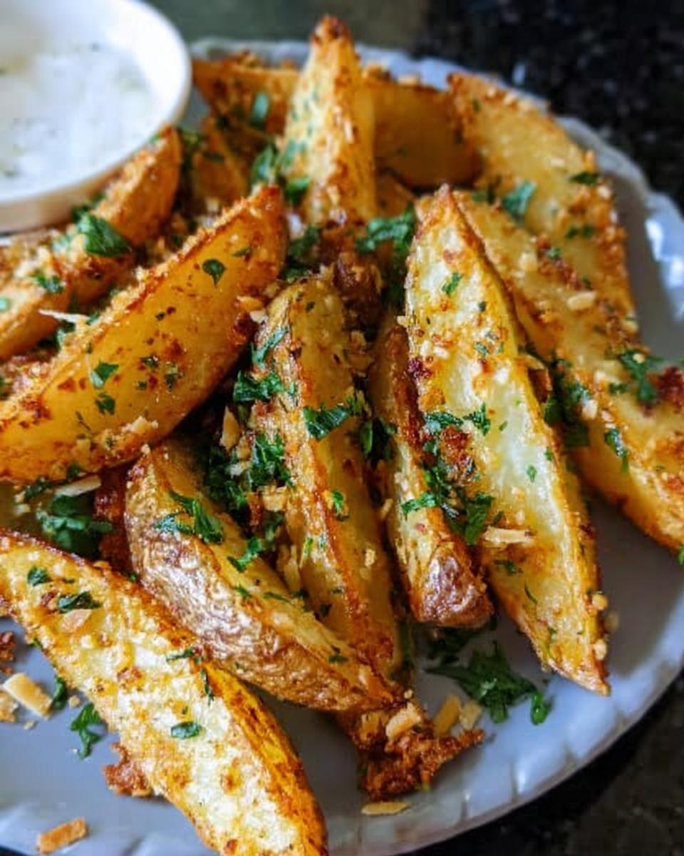 A close-up of crispy, golden Garlic Parmesan Potato Wedges sprinkled with fresh parsley and cheese.