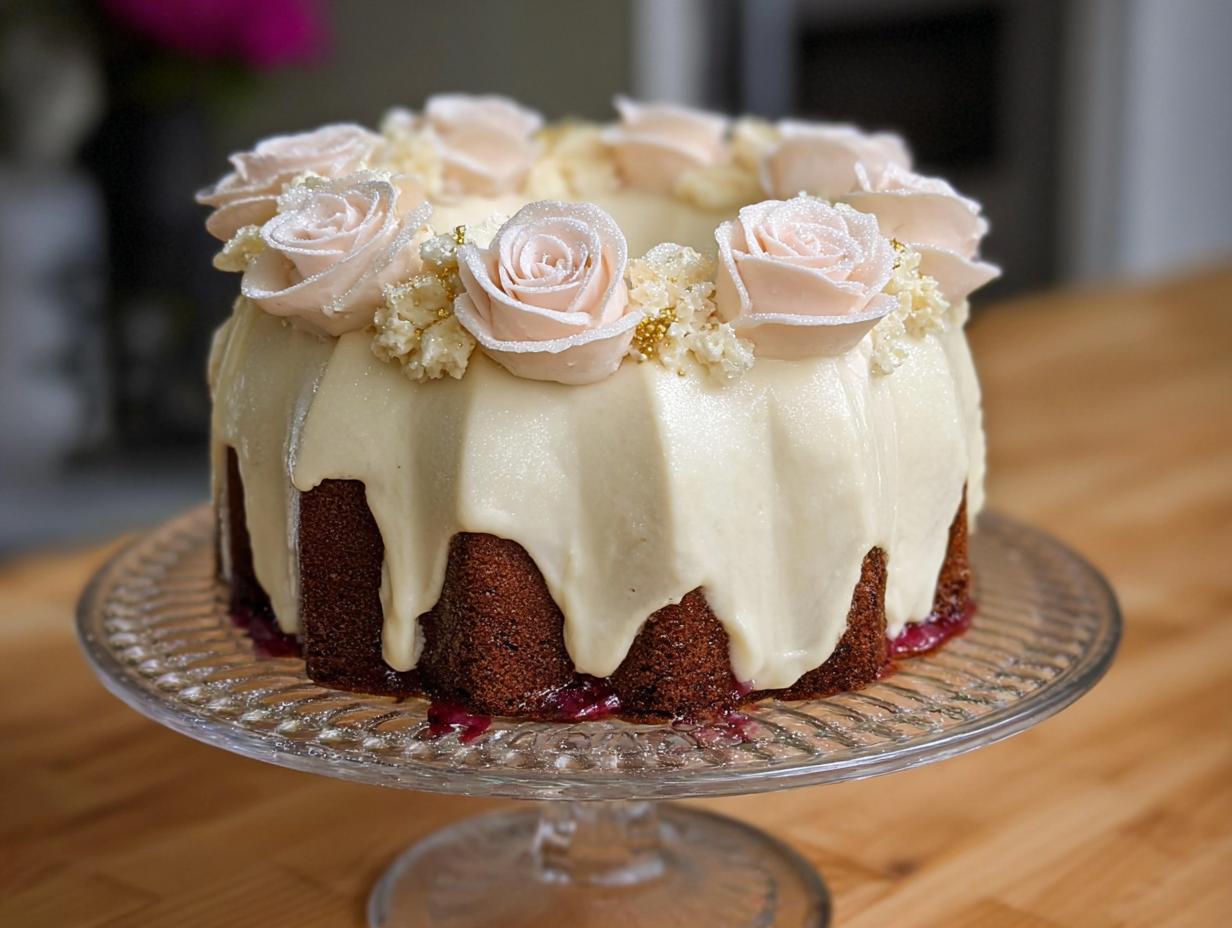 A beautiful Gold-Dusted Bundt Cake with white glaze drips and pink sugar roses on top.