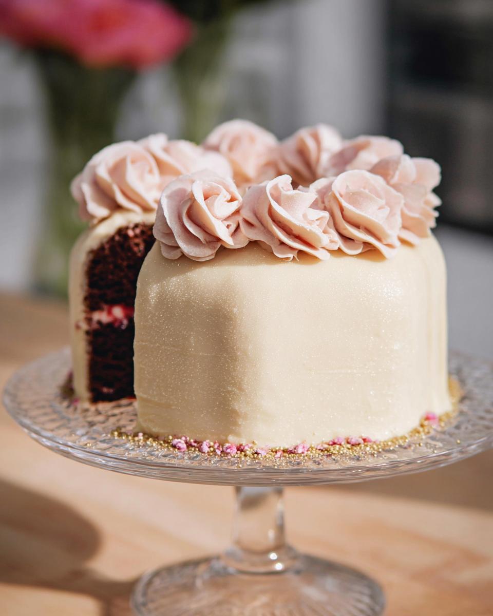 A small, square Gold-Dusted Bundt Cake on a glass stand, topped with pink frosting roses.
