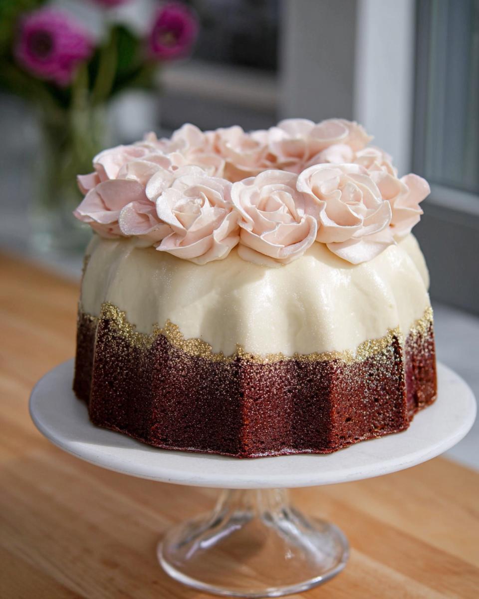 A beautiful Gold-Dusted Bundt Cake featuring white glaze, gold sprinkles, and a crown of pink frosting roses.