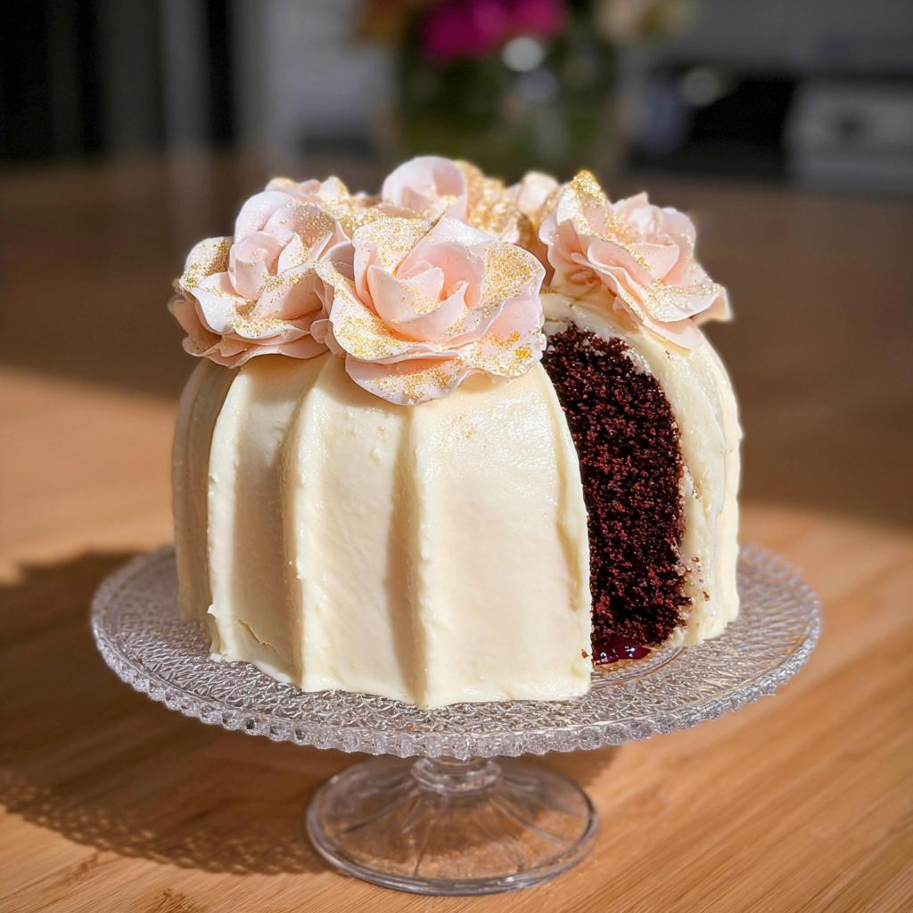 A rich chocolate Gold-Dusted Bundt Cake covered in white frosting and topped with pink sugar roses dusted with gold glitter.