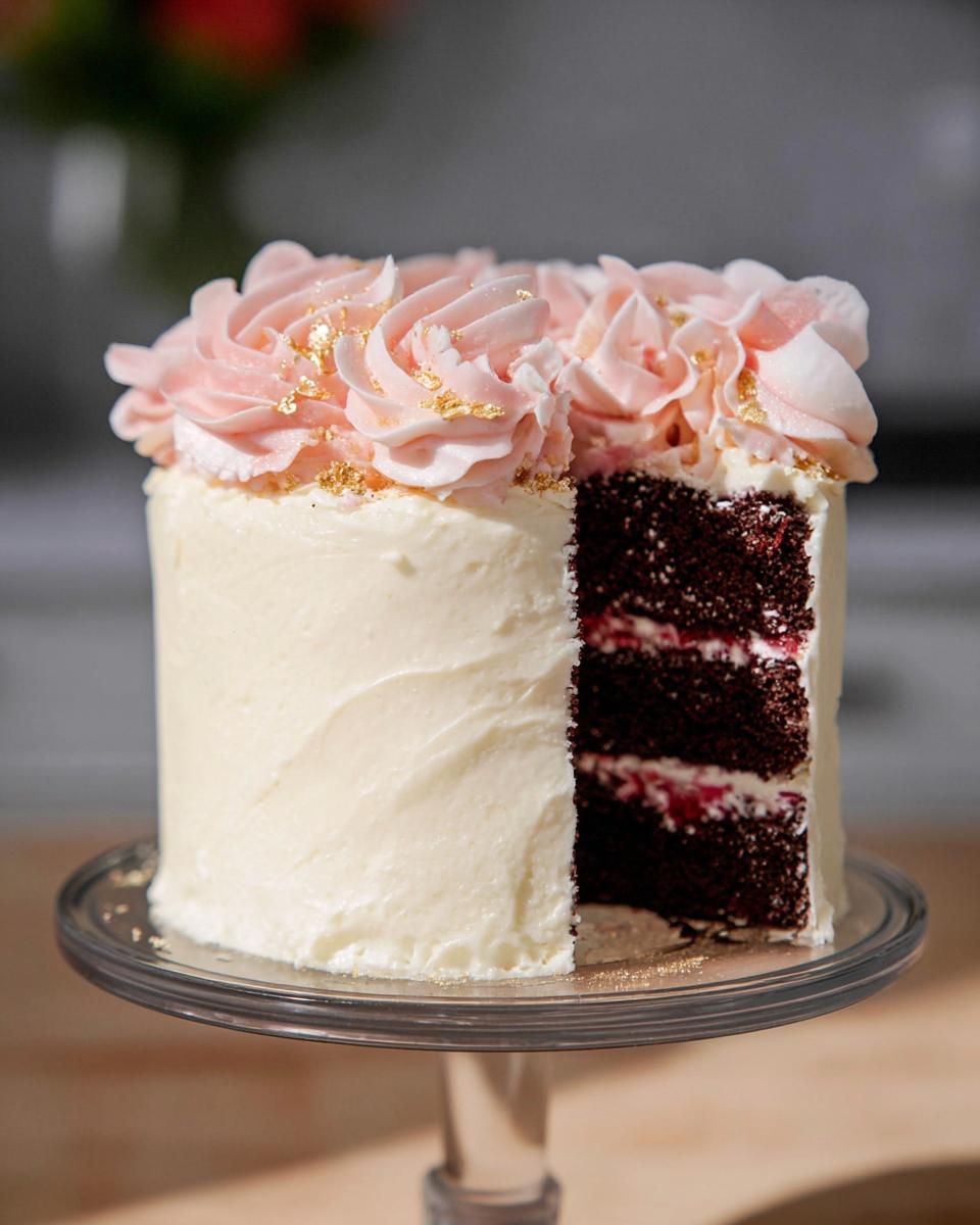 A tall, white-frosted layer cake with a slice removed, showing dark chocolate layers and pink frosting rosettes topped with gold dust, reminiscent of a Gold-Dusted Bundt Cake.