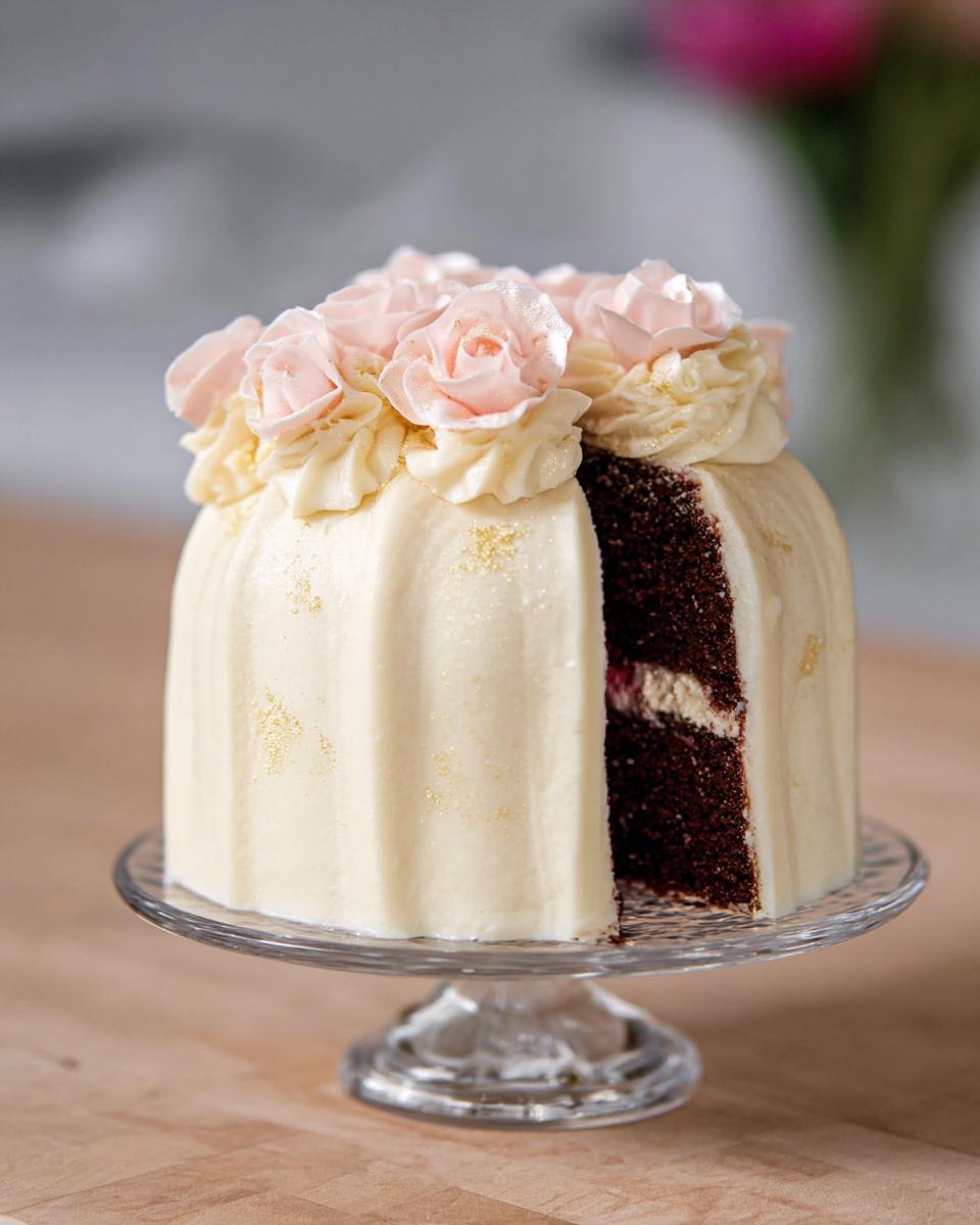 Close-up of a Gold-Dusted Bundt Cake with a slice removed, topped with pink frosting roses.